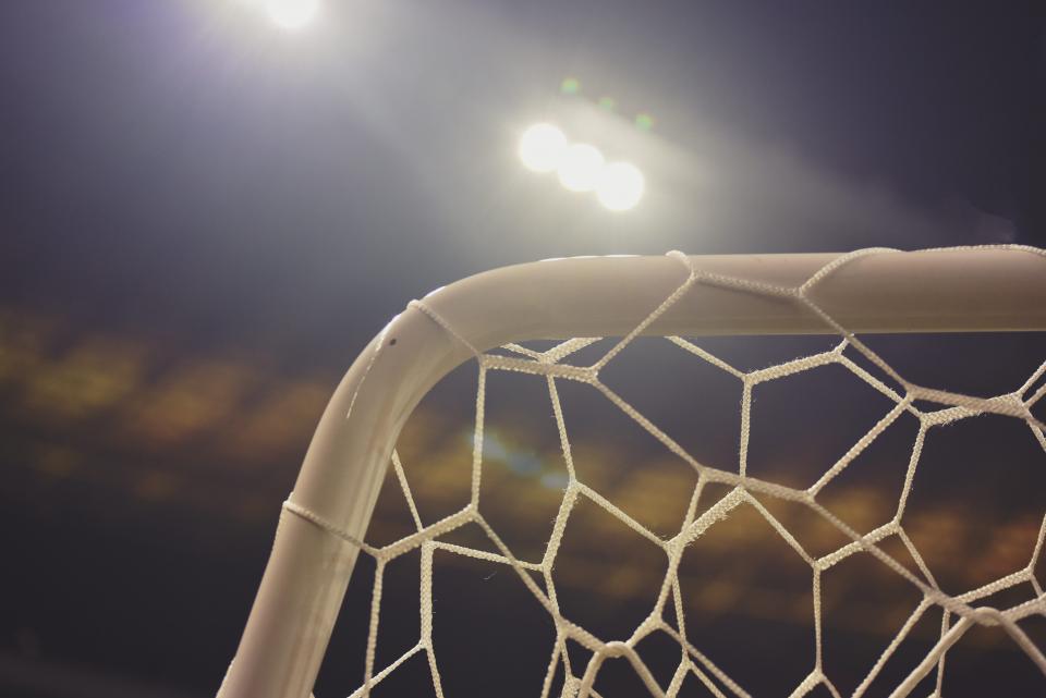 A soccer ball resting on a grass field